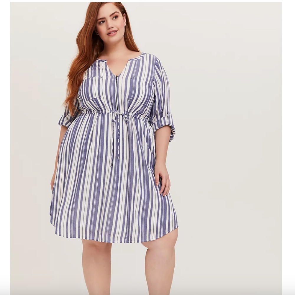 Torrid Blue & White Striped Drawstring Zip Front Drawstring Dress